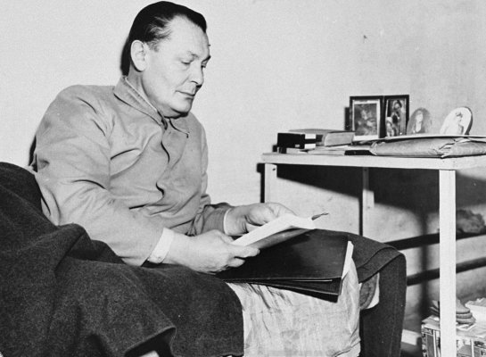 Defendant Herman Goering lies in his bunk in jail during the International Military Tribunal tri.jpg