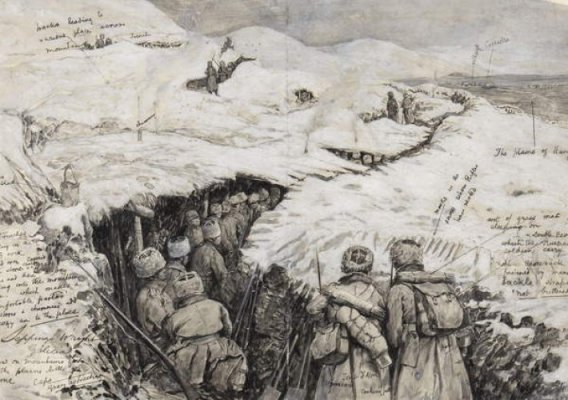 Henry Charles Seppings Wright - Galicia Russian troops in snow-clad hills 13 March 1916 (ink - (.jpg